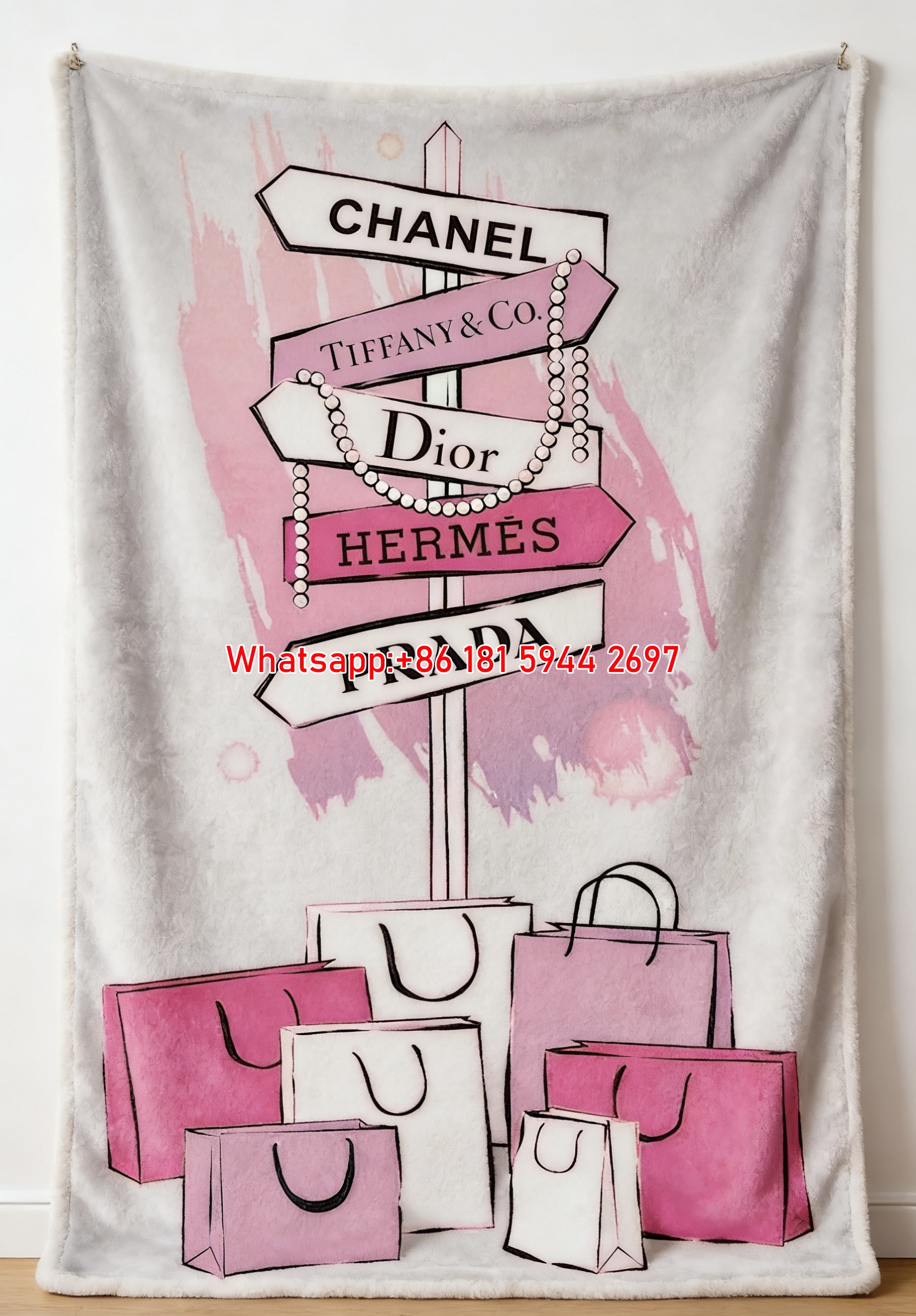 Prada Luxury Shopping Sign Pink Print Fleece Sofa Throw Blanket IMG_2704